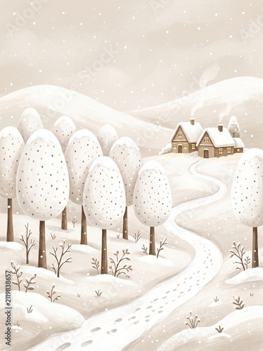 A whimsical winter landscape features egg-shaped snowy trees and a winding path with footprints leading to cozy cabins under gently falling snow.