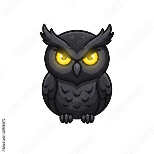 Cool Dark Black Owl Mascot with Glowing Yellow Eyes Vector Illustration