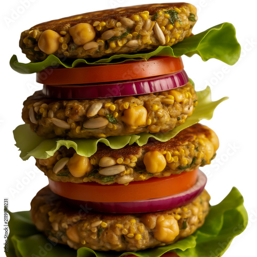 Delicious veggie burger with fresh lettuce and tomato on plate isolated on transparent background