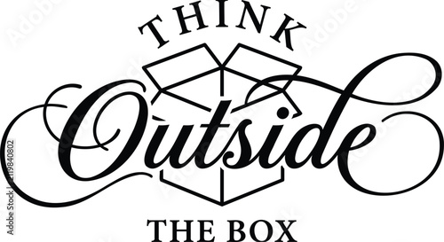 A creative motivational quote design featuring the phrase think outside the box with elegant calligraphy and a line art box
