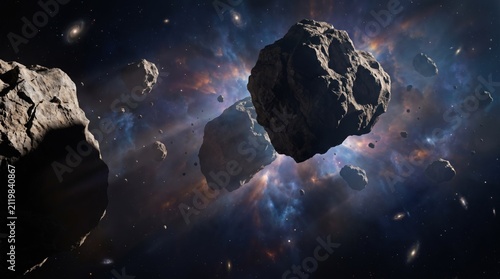Large space rocks and meteorites forming a dangerous asteroid belt in the cosmos.