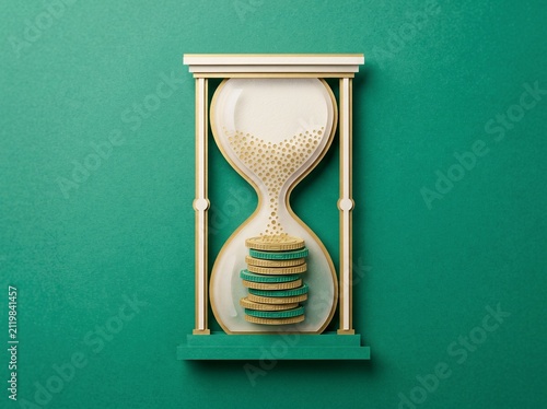 Papercraft illustration of 3d golden hourglass filling with coins for time is money concept