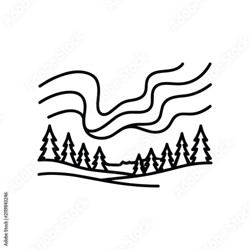 Minimalist Aurora Borealis Over Pine Forest Landscape Line Art