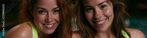 Two Smiling Women Friends Close-Up Portrait in Pool at Night