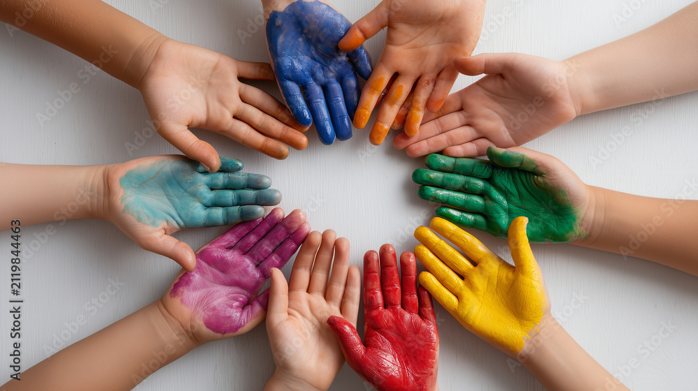 Fototapeta premium Children’s painted hands in tricolor forming unity circle with space for Independence Day message. 