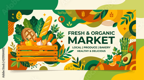Vibrant illustration showcasing a fresh and organic market banner with assorted healthy produce, perfect for promoting local food and farm-to-table initiatives