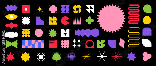 Trendy vector brutalism colorful Y2K shapes icons arcs, waves, stars, ovals, spirals, and other primitive elements. Swiss design aesthetic. Abstract geometric figures. Memphis design.