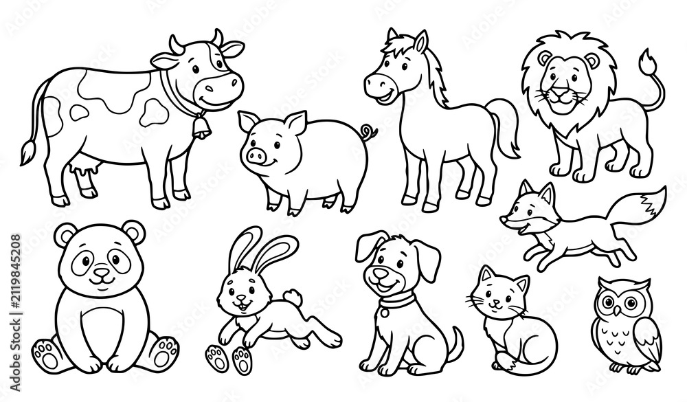 Obraz premium Cute Farm and Wild Animal Outline Collection with Cow, Pig, Horse, Lion, Panda and Owl Vector