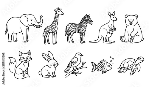 Canvas Print Cute Animal Outline Collection with Elephant, Giraffe, Zebra, Kangaroo, Bear, Ra