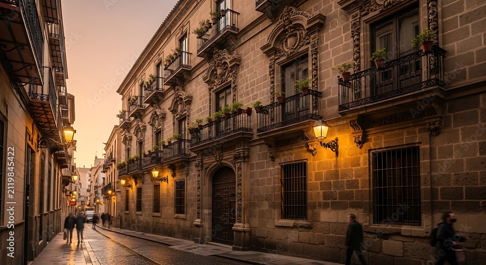 Fototapeta premium Historic European city street at dusk.
