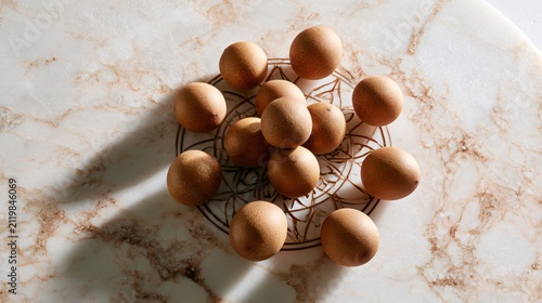 A luxury culinary magazine-inspired composition featuring asymmetrical placement of sapodilla fruit and refined styling