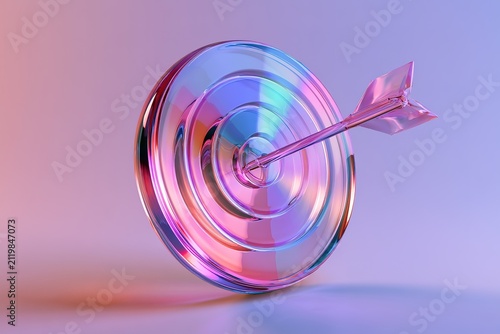 Glossy glass target bullseye with arrow hitting center in vibrant purple and blue neon gradient studio light room backdrop.