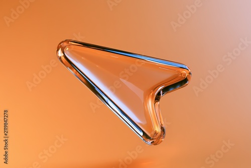 A shiny clear glass cursor arrow symbol with a blue outline, representing user interface and digital interaction.