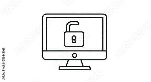 Computer monitor icon with an unlocked padlock symbol isolated on transparent background