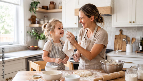 Joyful mother and daughter laughing while baking together in a bright kitchen.