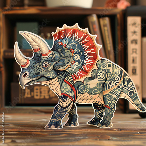Stylized Triceratops Toy with Blue and Red Design