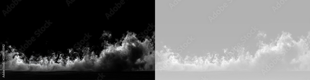 Fototapeta premium Fog cloud with billowing white smoke, flowing mist, rising gas, curling vapor and realistic wispy fumes
