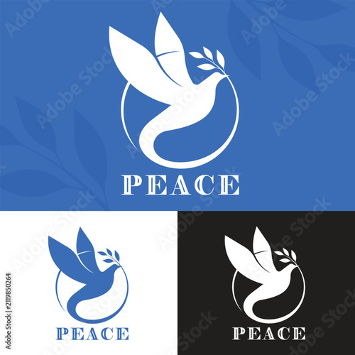 PEACE Symbol sign with peace text and white bird fly and hold circle leaf branches frame rounded around on blue background vector design