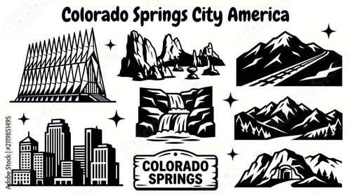 Colorado Springs Colorado America landmarks featuring Garden of the Gods Pikes Peak United States Air Force Academy downtown skyline Red Rock formations waterfalls and scenic mountain for travel