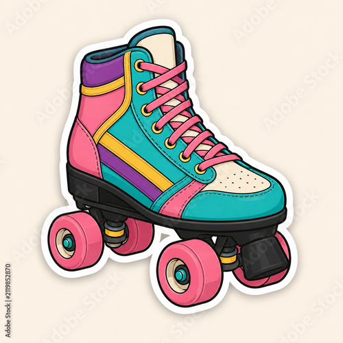 Colorful Retro Roller Skate Sticker Illustration in 1990s Pop Art Style on Cream Background