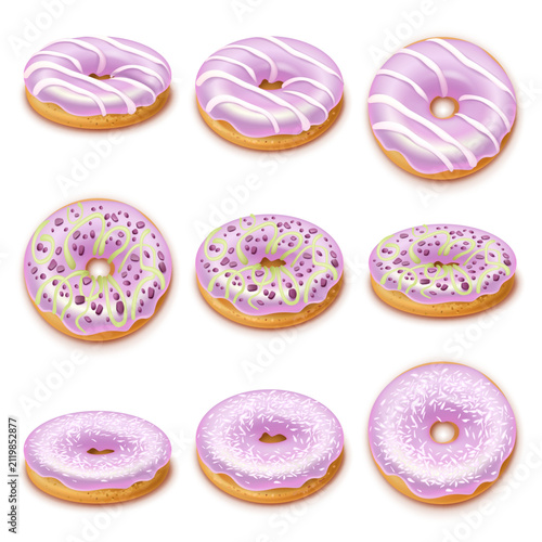 Collection of delicious donuts sprinkles sugar glaze, marshmallows and chopped nuts. Fast food isolated on a white background. Realistic style. 