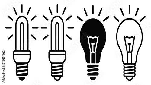 Fotografía Light bulbs appear in a horizontal row showing variations of energy efficient lighting and standard incandescent models