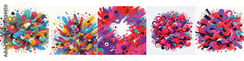 Fotografie Dynamic colorful abstract doodle explosion background set with expressive shapes