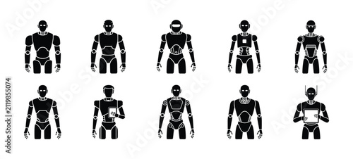 Collection of ten different stylized black silhouette robots against a white background