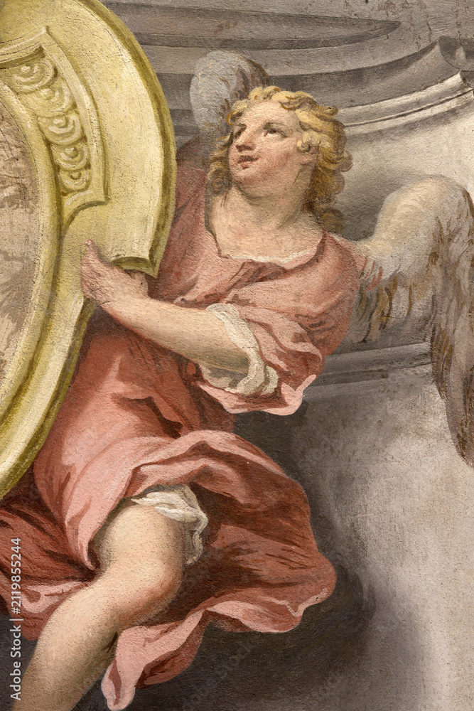Fototapeta premium CREMA, ITALY - MARCH 20, 2026: The fresco of baroque angel the church Santuario di Santa Maria della Croce by brothers Giuseppe and Giovanni Antonio Torricell from year 1762