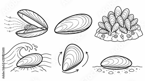 Set of Hand-Drawn Mussel Illustrations in Various Poses