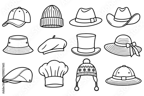 Hat Collection Hand Drawn Vector Line Art Fashion Accessories Set