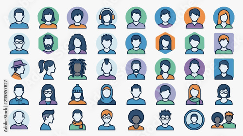 Sleek Collection of 50 Diverse and Stylish Flat Design Avatars with Unique Hairstyles Accessories and Color Variations