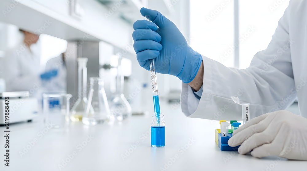Fototapeta premium A scientist in a laboratory uses a pipette to extract blue liquid into a test tube for medical research