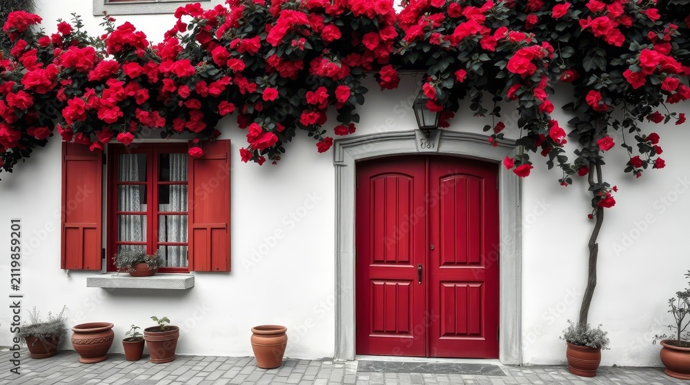 Fototapeta premium Mediterranean whitewashed house facade with bright red wooden doors and blooming red flowers