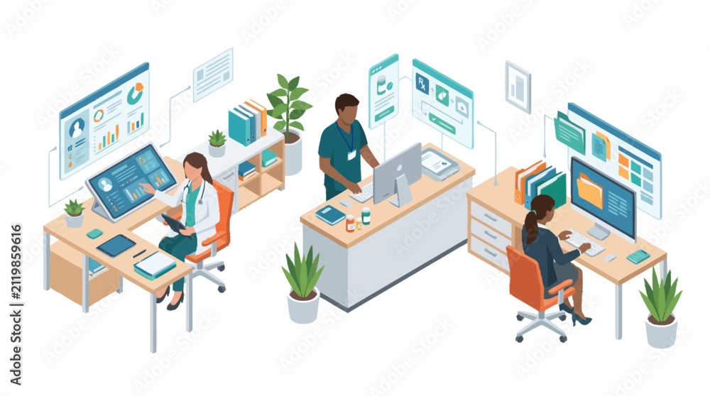 Fototapeta premium Modern office workspace with diverse team collaborating.