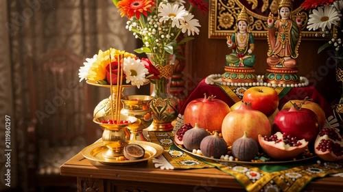 Indira Ekadashi Hindu Ritual Setup with Offerings and Deities