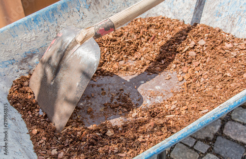 Wheelbarrow and shovel in the garden, landscape gardening