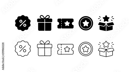 E-commerce Promotion Icon Set in Solid Silhouette and Linear Outline Style
