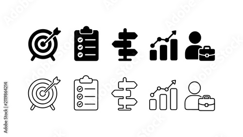 Business Strategy and Management Icons in Silhouette and Outline Style