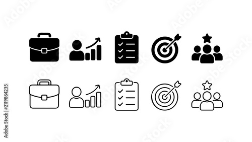Business Icon Set in Solid Silhouette and Outline Style Vector