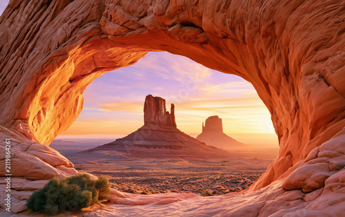 Golden sunrise light illuminates red sandstone rock arch in desert canyon. Massive monolith formation stands in distance during dawn.