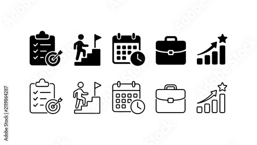 Business Goal and Productivity Icon Set in Silhouette and Outline Styles