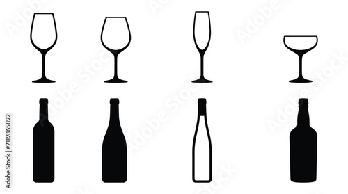 Wine glass and bottle icon set with different shapes for beverage and drink design collection