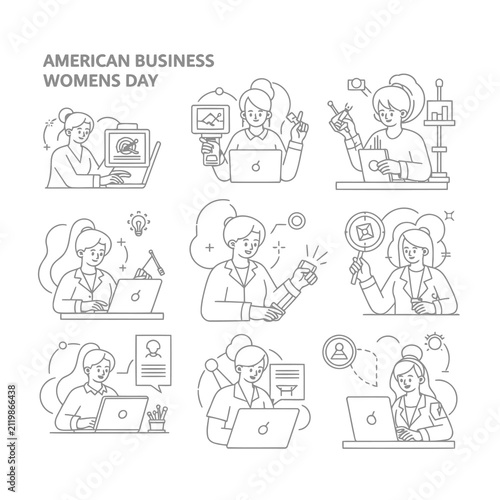 Illustrations depicting women in business, celebrating American Business Women's Day, showcasing diverse professional activities and achievements