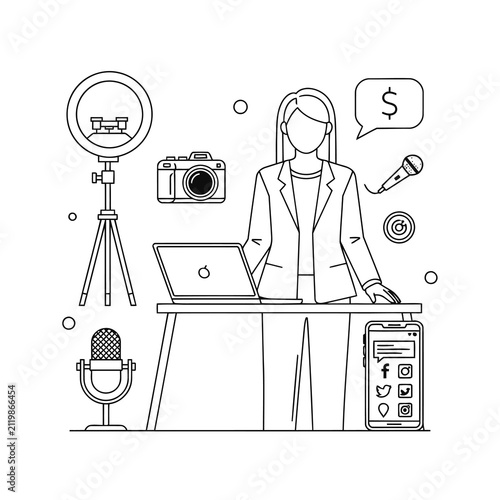 Professional Content Creator Working at Desk with Recording Equipment and Social Media Tools for Online Marketing Strategy