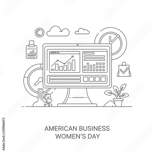 Vector line art illustration of business workplace with computer analytics charts and office management elements