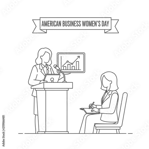 Professional businesswomen in a corporate setting during American Business Women's Day, featuring a leadership presentation and note-taking