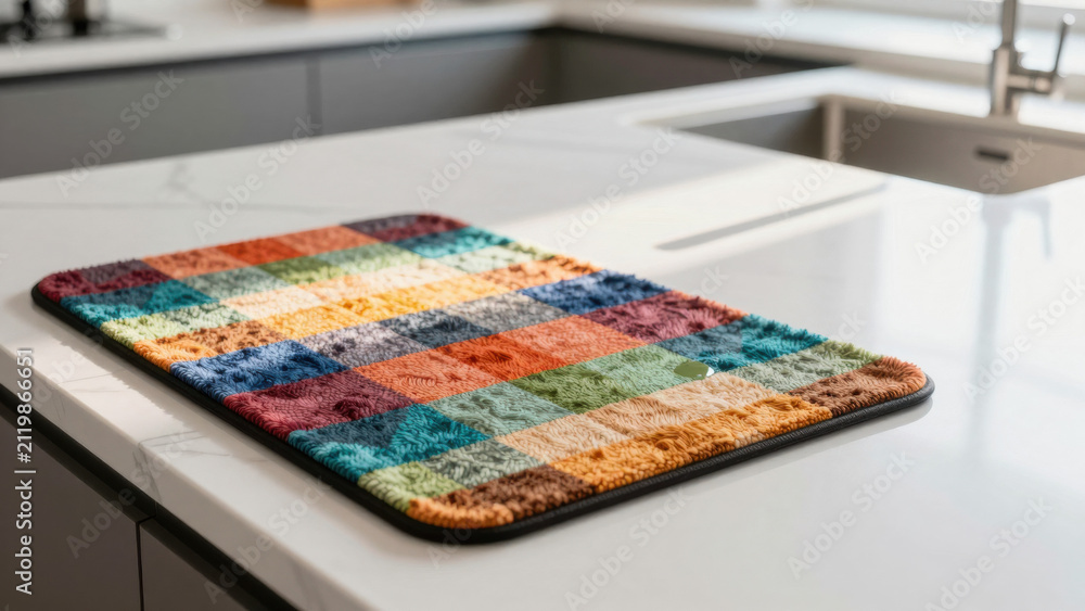 Fototapeta premium A colorful, textured dish drying mat sits on a clean white countertop. The mat features a vibrant, multi-colored pattern. It appears designed for absorbing moisture and protecting the surface below.
