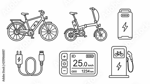 Electric Bicycle Components Line Art Icons Set for Sustainable Travel