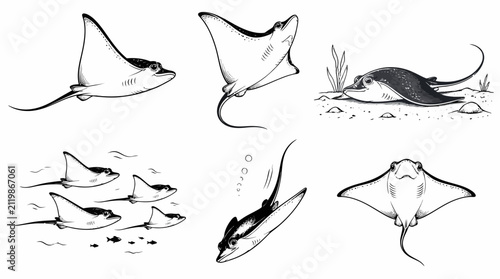 Set of stingray illustrations in black and white ink sketch style